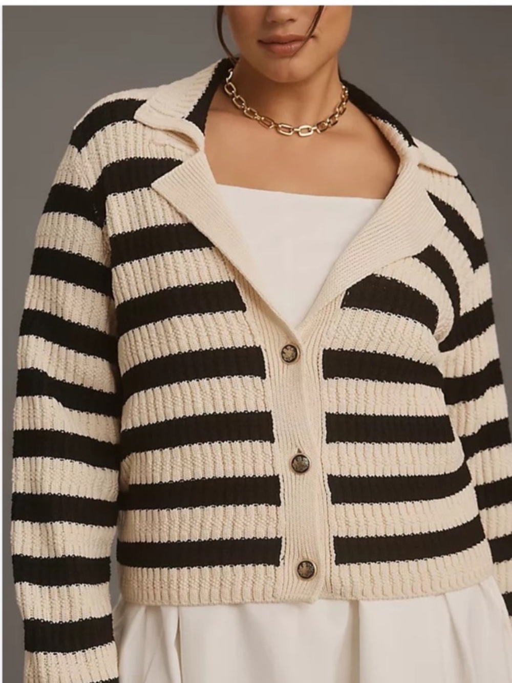 Maeve Greta Polo Cardigan Sweater Black White Stripe 2X
